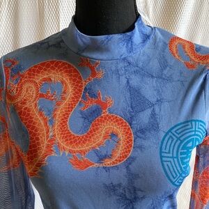 Blue Dragon Print Long Sleeve Bodysuit - size L